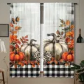 Cortina de ventana de Halloween con calabazas de otoño y patrón de cuadros blanco y negro - Pack de 2 / Estilo Calabaza de Campo (CL-008) / 66x91cm