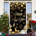 Festive black and gold Happy New Year door banner featuring clocks, stars, and reindeer - Black Gold Gift Reindeer Style (ML-004) / 90x180cm