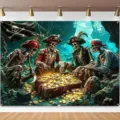 Vintage Halloween pirate backdrop featuring skeletons and treasure chest in a cave setting - Pirate Treasure Cave Style (SBJ-002) / 95x75cm