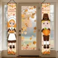 Pair of Thanksgiving door banners with pilgrim characters and pumpkin motifs - Cartoon Pilgrim Characters Style(SDL-003) / 30x150cm