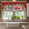 Festive Christmas red truck valance curtain for kitchen window decoration - 138x45cm / CM-002 (Christmas Red Truck)