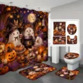 Halloween 4-teiliges Badezimmerset mit süßen Geist- und Kürbisdrucken auf Duschvorhang und Matten - YL-003 / Einzelner Duschvorhang 90x180cm