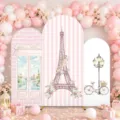 Pink Paris Eiffel Tower arch backdrop covers for girl birthday and baby shower party - Pink Eiffel Tower Theme (GX-008) / 涤纶 65x150cm + 80x180cm + 50x120cm