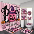 Rosa Halloween Badezimmer-Set mit Kürbis- und Geist-Druck 4-teiliger Duschvorhang - YL-004 / Einzelner Duschvorhang 90x180cm