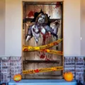 Vintage Halloween horror door curtain with zombie and biohazard tape decoration - Door-Breaking Zombie (ML-004) / 90x180cm