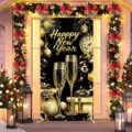Elegant black and gold New Year party door banner featuring champagne and clock motifs - Black Gold Fireworks Gift Style (ML-005) / 90x180cm