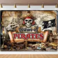 Vintage pirate treasure map backdrop with skull captain and sailing ship for Halloween party decoration - Retro Pirate Treasure Map Style (SBJ-003) / 95x75cm