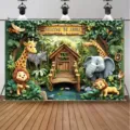 3D cartoon jungle animals background banner featuring 'Welcome the Jungle' for kids party - SBJ-001 / 95x75cm