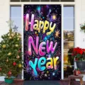 Vibrant neon Happy New Year door banner for festive holiday porch party decorations - Colorful Neon Fireworks Style (ML-002) / 90x180cm