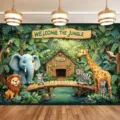 Jungle animal theme photography backdrop with cartoon lion, elephant, and giraffe - SBJ-003 / 95x75cm