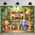 Vibrant jungle animals welcome photography backdrop for baby birthday party decorations - SBJ-004 / 95x75cm