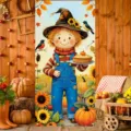 Striscione per porta autunnale con spaventapasseri dei cartoni e stampa di zucca - 90x180cm / Spaventapasseri Animato (ML-003)