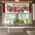 Christmas valance curtain with red truck print - 138x45cm / CM-010 (Red Truck and Plaid)