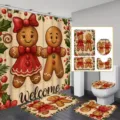 Festive 4-piece Christmas bathroom set featuring cute gingerbread man shower curtain and mats - Yl-005 / Single Shower Curtain 90x180cm