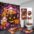 Gruseliges 4-teiliges Halloween Badezimmer-Set mit süßem Geist im Kürbisbecher-Druck Design - YL-005 / Einzelner Duschvorhang 90x180cm