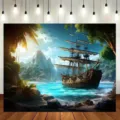 Vintage pirate ship fabric backdrop for tropical cove themed party decorations - Pirate Sailing Ship Style (SBJ-005) / 95x75cm