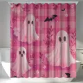 Cute pink checkered Halloween shower curtain with cartoon ghost and bat pattern print - Single Shower Curtain 90x180cm / Style YL-006