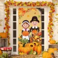 Banner per porta di Ringraziamento con stampa cartone animato di zucca e foglie - 90x180cm / Figura di Pellegrino (ML-004)