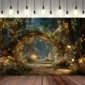 Dreamy magical forest photography backdrop with fairy lights and stone path - 95x75cm