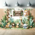 Cartoon jungle animals welcome party backdrop banner for kids birthday celebration - Cartoon Jungle Animals (SBJ-002) / 95x75cm