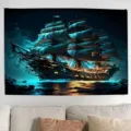 Vintage pirate ship tapestry wall hanging for Halloween party decoration and home decor - Retro Sailing Ship Night Style (SBJ-006) / 95x75cm