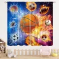 Sports themed blackout curtains with fire and water soccer basketball print - 66x91cm (2 Pieces/Pack) / Dynamic Multi-Sports Ball (CL-007)
