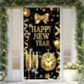 Elegant black and gold Happy New Year party door banner with clock and champagne - Black Gold Vintage Clock Glass Style (ML-006) / 90x180cm