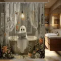 Halloween shower curtain with vintage ghost reading newspaper and butterfly floral print - Single Shower Curtain 90x180cm / Newspaper Reading Ghost Style (YL-007)