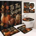 Herbst Erntedank Badematten Set Duschvorhang Toilettendeckelbezug mit Kürbis und Ahornblatt - YL-003 (Einzelner Duschvorhang) / 90x180cm