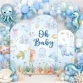 Under the sea ocean theme arched backdrop covers set with Oh Baby text for baby shower - Marine Animals Oh Baby Theme (GX-007) / 3-Piece Set (65x150cm+80x180cm+50x120cm)