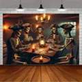 Halloween pirate skeleton tapestry for party decor, vintage skull card game scene - Skull Card Playing Style (SBJ-007) / 95x75cm