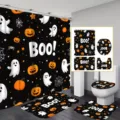 Halloween Badezimmer 4-teiliges Set mit Geist- und Kürbis-Print auf schwarzem Grund - Schwarzer BOO Kürbis Geist (YL-008) / Einzelner Duschvorhang 90x180cm