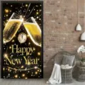 Black and gold New Year party door banner with champagne glass and clock design - Black Gold Champagne Clock Style (ML-008) / 90x180cm
