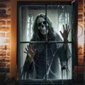 Gruseliger Halloween-Fensterhintergrund mit Geister- und Spinnennetz-Druck - 120x80cm / C-004