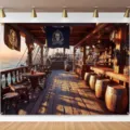 Vintage pirate ship deck backdrop with skull flags for Halloween and birthday parties - Pirate Ship and Skull Style (SBJ-008) / 95x75cm