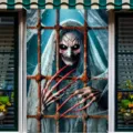 Gruselige Halloween Fenster-Wandteppich Dekoration mit Gespenst und Roststäben - 120x80cm / C-005