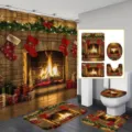 Christmas fireplace 4pcs bathroom set with shower curtain, lid cover and anti-slip mats - YL-009 / Single Shower Curtain 90x180cm