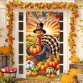 Banner per porta del Ringraziamento con tacchino, zucche e foglie d'acero autunnali - 90x180cm / Tacchino Soleggiato (ML-007)