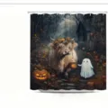 Halloween themed shower curtain featuring a highland cow and cute ghost in a dark forest - Single Shower Curtain 90x180cm / Highland Cow Ghost Style (YL-010)