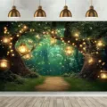 Enchanted magic forest backdrop with glowing lanterns for fairy tale themed photography - Dreamy Magic Forest (SBJ-009) / 95x75cm