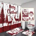 Christmas 4-piece bathroom set with red buffalo plaid reindeer and Merry Christmas print - YL-010 / Single Shower Curtain 90x180cm