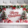 Festlicher Weihnachts-Fotohintergrund mit Merry Christmas Schriftzug und Weihnachtsbäumen - Stil SBJ-008 / 95x75cm