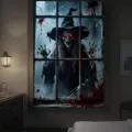 Gruseliger Halloween-Fensterhintergrund mit Horror-Hexe, roten Augen und Glasbruch-Print - 120x80cm / C-001