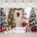 Festlicher Weihnachts-Fotohintergrund mit Schneemann, Bäumen und Geschenken für Partys - Stil SBJ-009 / 95x75cm / bunt