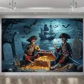 Halloween pirate treasure backdrop with skeletons ship and gold coins for party decoration - Pirate Treasure Cave (SBJ-009) / 95x75cm