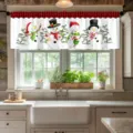 Festive Christmas snowman valance short window curtain with red buffalo plaid top - 138x45cm / CM-017 (Red & Black Plaid Snowman)