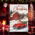 Christmas garden flag featuring a red vintage truck and snowy barn holiday decor - Red Truck Christmas Tree (Q-015) / 30x45cm
