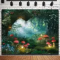 Dreamy magic forest fairytale tapestry backdrop with glowing red mushrooms for photography - Fairy Tale Magic Forest (SBJ-010) / 95x75cm