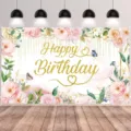 Bannière de fond de photographie Happy Birthday avec fleurs pour fête d'enfants - Style Papillon Rose Florale (SBJ-005) / 95x75cm