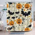Halloween shower curtain with cartoon ghost and pumpkin patterns for bathroom decor. - Single Shower Curtain 90x180cm / Orange Cartoon Pumpkin Style (YL-012)